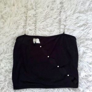 Pearl accent webbed cut out crop tank top